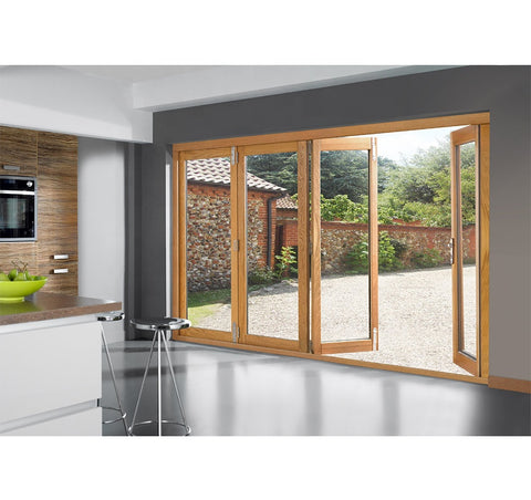 Cheap Aluminum Tempered Glass Wood Color Sliding Folding Door For Sale on China WDMA