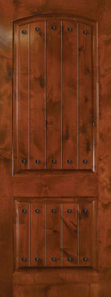 WDMA 32x96 Door (2ft8in by 8ft) Exterior Knotty Alder 96in Arch 2 Panel V-Grooved Estancia Alder Door with Clavos 1