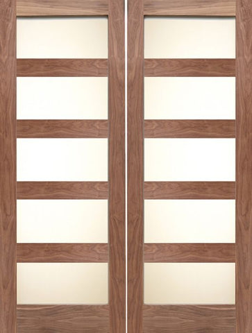 WDMA 48x80 Door (4ft by 6ft8in) Interior Barn Walnut 4 Lite / 5 Lite Shaker Double Door w/ Matte Glass SH-20 1