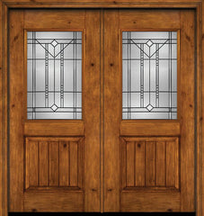 WDMA 60x80 Door (5ft by 6ft8in) Exterior Cherry Alder Rustic V-Grooved Panel 1/2 Lite Double Entry Door Riverwood Glass 1