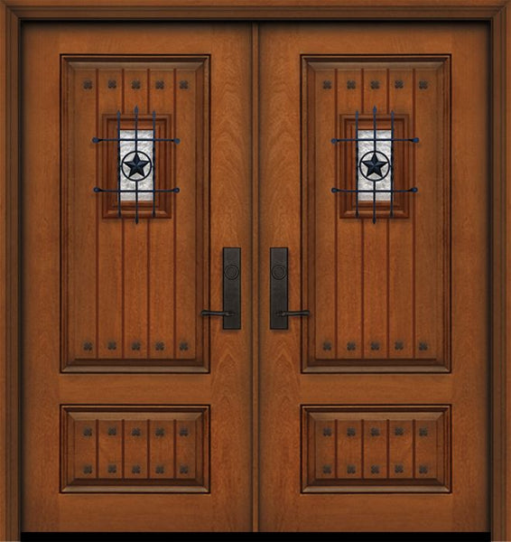 WDMA 64x80 Door (5ft4in by 6ft8in) Exterior Mahogany IMPACT | 80in Double 2 Panel Square V-Grooved Door with Speakeasy / Clavos 1