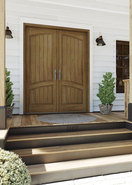 WDMA 64x84 Door (5ft4in by 7ft) Interior Swing Mahogany 2 Panel Arch Top V-Grooved Plank Rustic-Old World Exterior or Double Door 1
