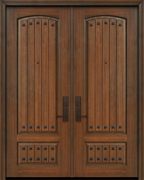 WDMA 64x96 Door (5ft4in by 8ft) Exterior Cherry IMPACT | 96in Double 2 Panel Arch V-Grooved or Knotty Alder Door with Clavos 1