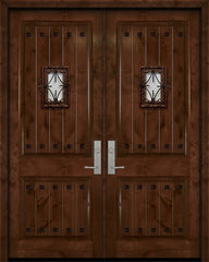 WDMA 64x96 Door (5ft4in by 8ft) Exterior Knotty Alder 96in Double 2 Panel V-Grooved Estancia Alder Door with Speakeasy / Clavos 1
