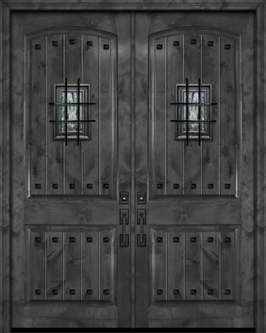WDMA 64x96 Door (5ft4in by 8ft) Exterior Knotty Alder 96in Double Arch 2 Panel V-Grooved Estancia Alder Door with Speakeasy / Clavos 1