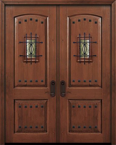 WDMA 64x96 Door (5ft4in by 8ft) Exterior Knotty Alder 96in Double 2 Panel Arch Door with Speakeasy / Clavos 1