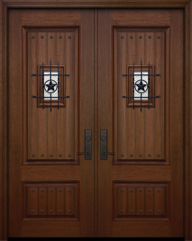 WDMA 64x96 Door (5ft4in by 8ft) Exterior Mahogany 96in Double 2 Panel Square V-Grooved Door with Speakeasy / Clavos 1