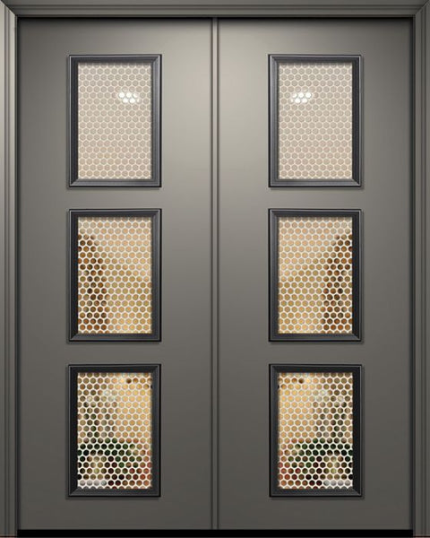 WDMA 64x96 Door (5ft4in by 8ft) Exterior 96in ThermaPlus Steel Newport Contemporary Double Door w/Metal Grid / Clear Glass 1