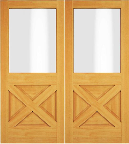 WDMA 68x78 Door (5ft8in by 6ft6in) Exterior Swing Hickory Wood 1/2 Lite Rustic Crossbuk Double Door 1