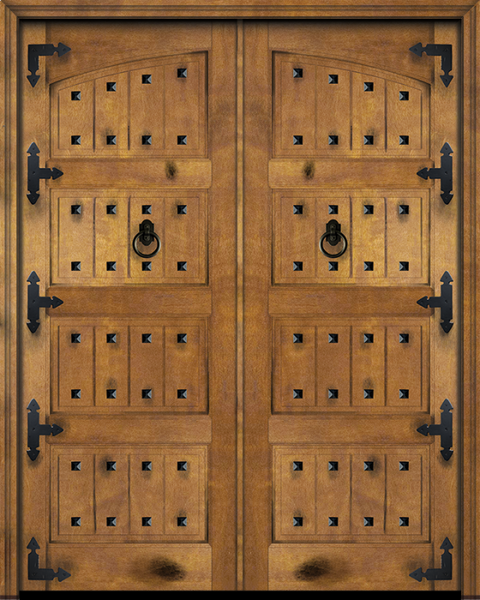 WDMA 68x96 Door (5ft8in by 8ft) Interior Swing Mahogany Arch Top 4 Panel V-Grooved Plank Rustic-Old World Exterior or Double Door with Corner Straps and Clavos 1