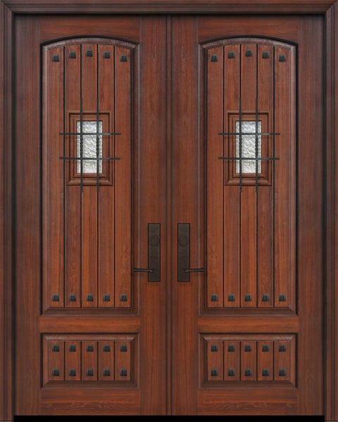WDMA 72x96 Door (6ft by 8ft) Exterior Cherry Pro 96in Double 2 Panel Arch V-Groove Door with Speakeasy / Clavos 1