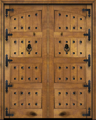 WDMA 72x96 Door (6ft by 8ft) Exterior Barn Mahogany Arch Top 4 Panel V-Grooved Plank Rustic-Old World or Interior Double Door with Corner Straps and Clavos 1