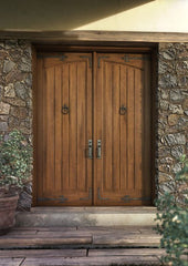 WDMA 84x80 Door (7ft by 6ft8in) Interior Swing Mahogany Arch Panel Rustic V-Grooved Plank Exterior or Double Door with Corner Straps / Straps 1