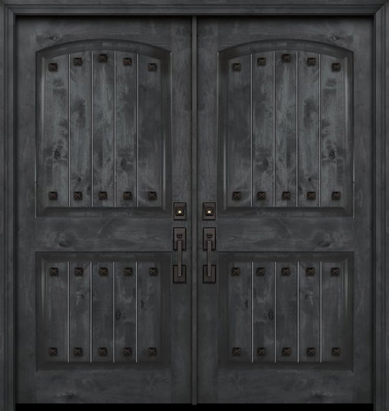 WDMA 84x80 Door (7ft by 6ft8in) Exterior Knotty Alder 42in x 80in Double Arch 2 Panel V-Grooved Estancia Alder Door with Clavos 1