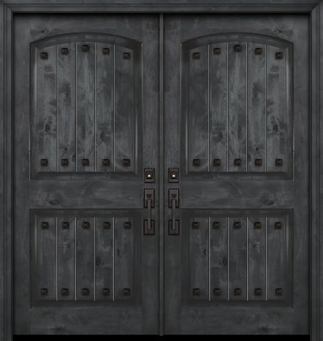 WDMA 84x80 Door (7ft by 6ft8in) Exterior Knotty Alder 42in x 80in Double Arch 2 Panel V-Grooved Estancia Alder Door with Clavos 1