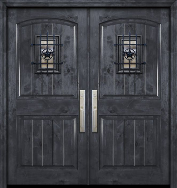WDMA 84x80 Door (7ft by 6ft8in) Exterior Knotty Alder 42in x 80in Double Arch 2 Panel V-Grooved Estancia Alder Door with Speakeasy 1
