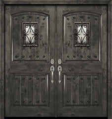 WDMA 84x80 Door (7ft by 6ft8in) Exterior Knotty Alder 42in x 80in Double Arch 2 Panel V-Grooved Estancia Alder Door with Speakeasy / Clavos 1