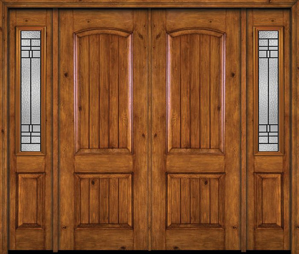 WDMA 84x96 Door (7ft by 8ft) Exterior Knotty Alder 96in Alder Rustic V-Grooved Panel Double Entry Door Sidelights Pembrook Glass 1