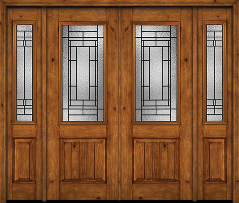 WDMA 84x96 Door (7ft by 8ft) Exterior Knotty Alder 96in Alder Rustic V-Grooved Panel 2/3 Lite Double Entry Door Sidelights Pembrook Glass 1