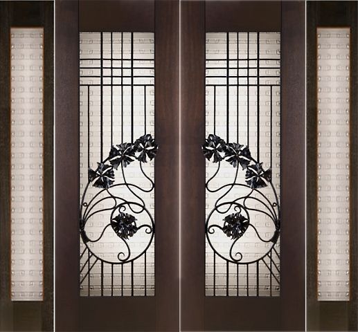 WDMA 96x96 Door (8ft by 8ft) Exterior Mahogany Double 2-1/4in Thick Art Nouveau Doors Sidelights Art Glass Iron Work 1