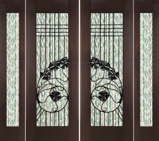 WDMA 96x96 Door (8ft by 8ft) Exterior Mahogany Double 2-1/4in Thick Art Nouveau Doors Sidelights Casting Glass Iron Work 1